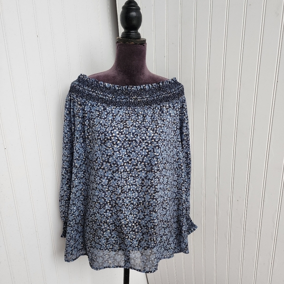 Michael Kors Women’s Blue Gold Off Shoulder Smocked Stretch Semi Sheer Sz L - Picture 2 of 12